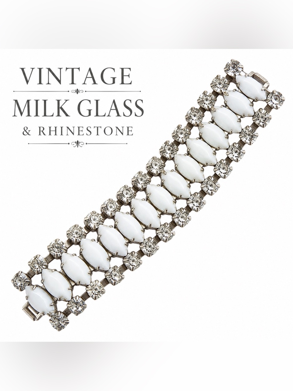 Vintage Milk Glass & Rhinestone Statement Bracelet - White